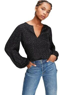 ❤️GAP Womens XS Blouse Split Neck Black White Dot Print Long Sleeve Chiffon New